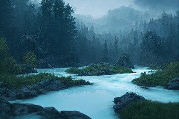 Canvas Print - Wild mountain river flowing through the forest with vegetation, soft clouds. Digital illustration