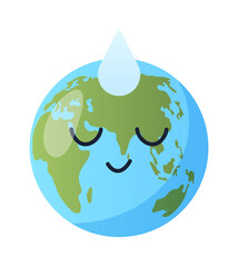 Globe with water drop. Motivational poster or banner. Caring for ecology, nature and environment. Responsible and ecofriendly society. Fighting drought and warming. Cartoon flat vector illustration