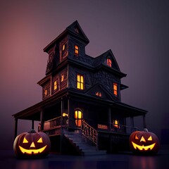 Sticker - 3D rendered Halloween background with pumpkins and haunted house