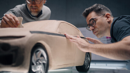 two male automotive designers creating futuristic plasticine clay prototype of car with professional