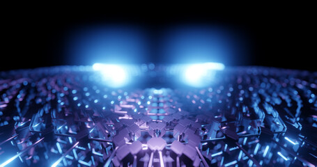 Poster - Render with a grid of cubes in blue and purple light, soft focus