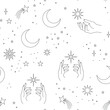 © Matias - Seamless pattern with constellations. Sun, moon, magic hands and stars. Mystical esoteric background for design. Astrology magical vector.