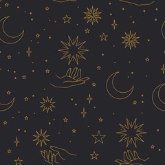 Wall Mural - Seamless pattern with constellations. Sun, moon, magic hands and stars. Mystical esoteric background for design. Astrology magical vector.
