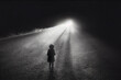 Child abandoned and alone on the road. Silhouette in the headlights of a car, at night. Child protection.