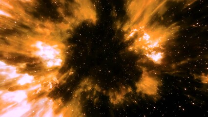 Poster - Flight through universe with galaxies and nebulae. Motion. Golden space glow on a starry sky background.