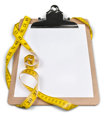 Wall Mural - Blank clipboard with a yellow measuring tape with copy space on white background