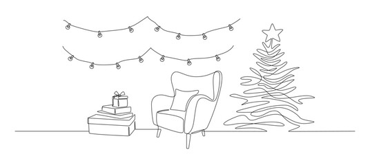 Aufkleber - One continuous Line drawing of festive interior with armchair and christmas tree, gift boxes and garland. Modern cozy furniture for living room decor in simple linear style. Doodle vector illustration