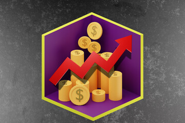 Wall Mural - Accumulation of money. Golden coins. Growth of savings. Bank deposit concept. Growth schedule of savings on deposit. Concept increasing pension savings. Logo with coins on gray. 3d rendering.