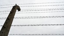 Barbed Wire In Concentration Camp. Close-up Of Sharp Wire Fence Against Cloudy Sky. Rusty Metal Barbered Wire. 