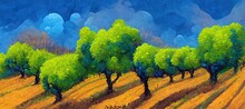 Rural Countryside Farming Area With Tall Trees, Plowed Fields, Hills And Late Afternoon Clouds. Tranquil Outdoors Nature Scene - Pastel Stylized Illustration Art.