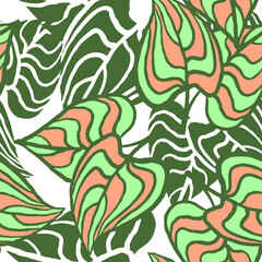 Naklejka na meble Nature seamless vector pattern with hand drawn twig, tree branch with leaves, tropical summer time. Ecological rural theme for poster print, wrapping paper, wallpaper, clothes textile, fabric design.