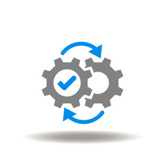 Vector illustration of gear wheels with round arrows and check mark. Icon of process, mechanism. Symbol of machine operation. Sign of engine engineering.