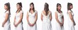 © Jade - Half body face Asian 40s 50s Woman wear White Lace Wedding Evening Gown dress high heel shoes. Grey Silver Hair Elegance Female stand poses fashion vintage 360 turn over white background isolated