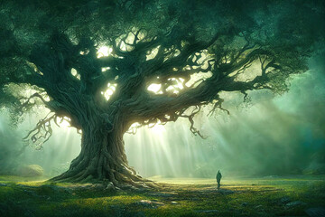 Wall Mural - forest in the morning light, majestic yggdrasil