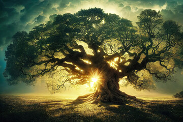 Wall Mural - forest in the morning light, majestic yggdrasil