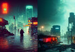 dystopian settlement, neon lights, cyberpunk, impoverished living, flood, garbage bags, landscape with a city