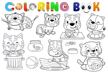 Poster - Coloring book with group of funny cat cartoon in its activities