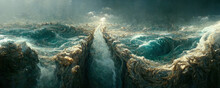 Ocean Opening In Biblical Event Of Moses. Opening Of The Red Sea. 3D Illustration Rendering. AI Generated Image