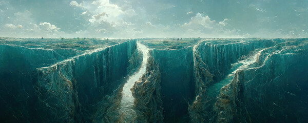 Ocean opening in biblical event of Moses. Opening of the Red Sea. 3D Illustration Rendering. AI generated image