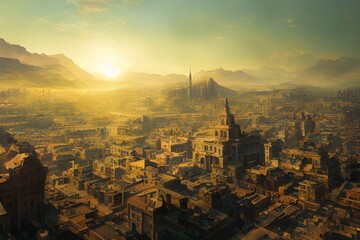 Wall Mural - Sun rises on an ancient, powerful city..