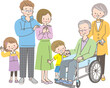 車椅子の祖父を見舞いに来た笑顔の3世帯家族