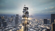 Telecommunication tower with 5G cellular network antenna on city background, 3d render