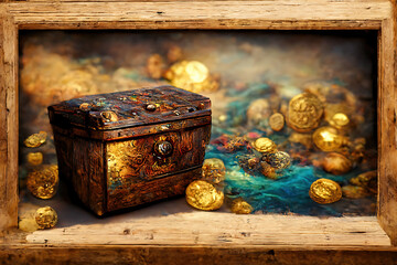 Wall Mural - Pirate treasure chest with gold coins, icon concept for game button and screen. Digital illustration