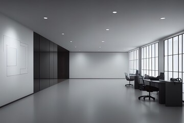 Poster - Front view of blank white wall in office interior. Mock up, 3D Rendering