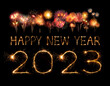 © geargodz - 2023 happy new year fireworks celebration written sparkling at night.