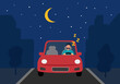Tired sleepy male driver at night in flat design.