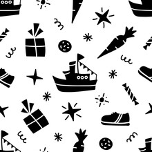 Simple Vector Seamless Pattern. Celebration Of St. Nicholas Day, Sinterklaas. For Printing Wrapping Paper, Gifts, Textiles. Dark Background.