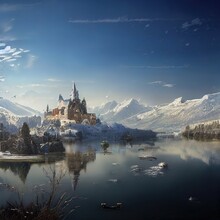 Medieval Kingdom Thriving Next To A Lake Surrounded By Snowy Mountains On A Cold Winter Day Hyper Realistic
