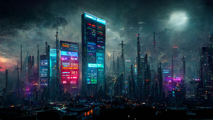Wall Mural - The futuristic Capital City and The Colorful information report on the Building Wall