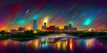 Night Wichita Skyline Along Arkansas River With Twinkling Stars And Aurora Borealis