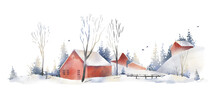 Watercolor Hand Drawn Christmas Compositions. Winter Foggy Landscapes, Scandinavian Village Scene. Snow, Red Houses, Trees, Spruce, Birds. New Year Illustration Isolated On White Background.