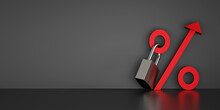 Red Percentage Icon With Upward Arrow And Lock On Black Background. Concept For Fixed Interest Rates. 3D Rendering.