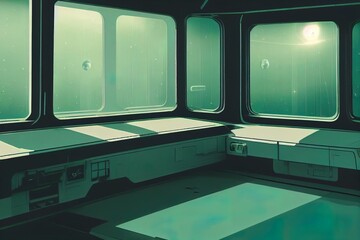 Wall Mural - spaceship grunge interior with view on a isolated green window