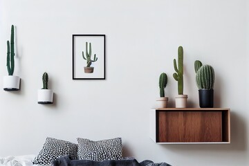 Poster - The stylish interior with concept shelfs, mock up poster frame and cactus in hipster pot. Modern room with white walls.