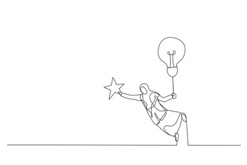 Wall Mural - Cartoon of muslim woman flying with lightbulb idea to catch star in the sky. Metaphor for innovation. Single line art style