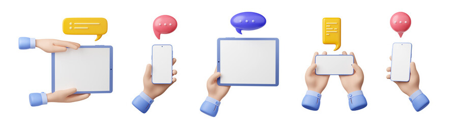 Poster - 3D illustration set of hands with gadgets and chat message bubbles. People texting from smartphone, tablet with touchscreen in vertical, horizontal position. Communication in social media messenger