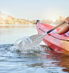 Poster - Calm lake, water sport and woman on kayak adventure for summer travel trip canoeing, kayaking and using paddle on river. Exercise, vacation or holiday with female enjoying rafting or boat activity