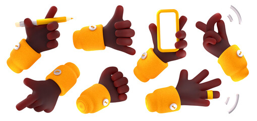Poster - 3D illustration set of hand gestures isolated on white background. African americal character holding smartphone, pencil, using smart ring, snapping fingers, pointing, making fist, call me sign
