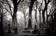 Cementerio, lápidas y árboles tenebrosos halloween