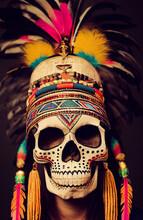 Ilustración Danzante Azteca Plumas Y Cráneo