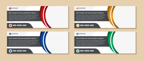 Poster - collection of education for management skill horizontal banner template design. Modern poster with white background, multicolor curve elements shape. Usable for cover, and header. space for photo.