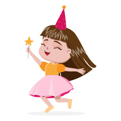 Wall Mural -  happy girl in birthday hat with magic wand on the white background