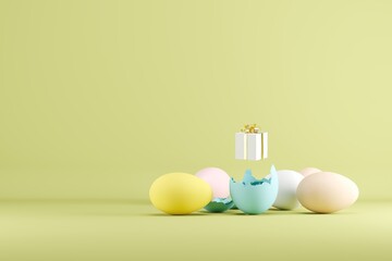 Sticker - White Gift box  out of colorful Egg on white background. 3D Render. Minimal Christmas idea concept. copy space.