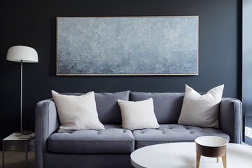 Metal coffee table, grey armchair, white sofa with a blanket and pillow, and big painting on the blue wall in a living room interior