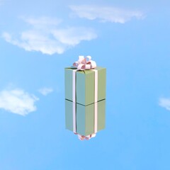 Aufkleber - green gift box with white ribbon put on mirror glass reflection sky. 3d render. minimal christmas co