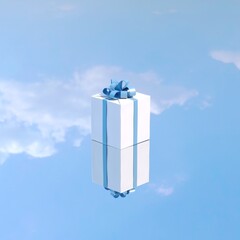 Aufkleber - white gift box with blue ribbon put on mirror glass reflection sky. 3d render. minimal christmas con